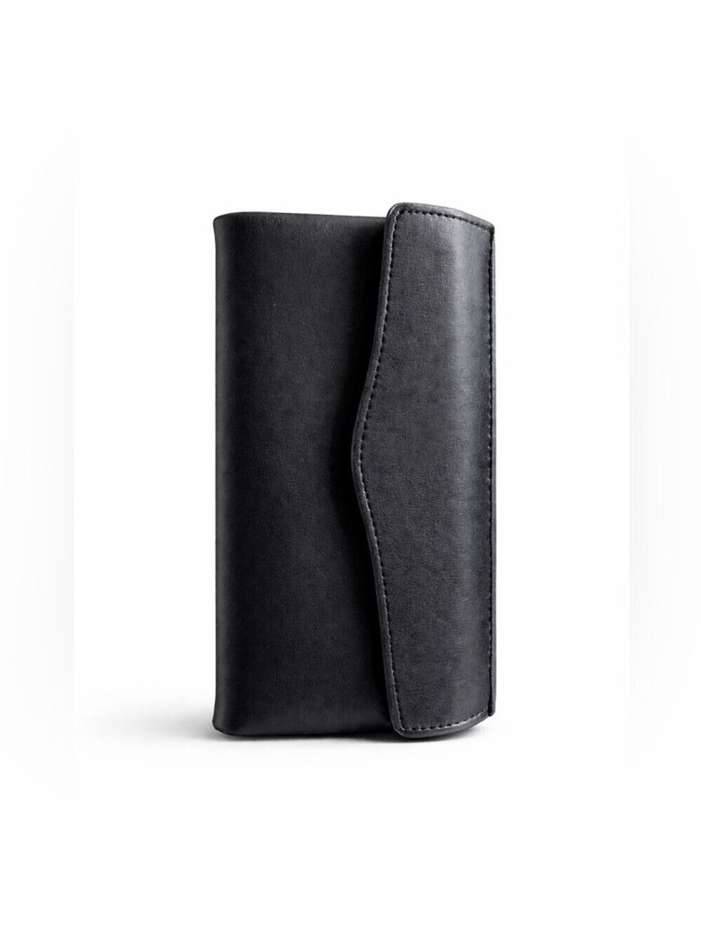 Minimal Black Leather Long Wallet Clutch • Snap + Zip